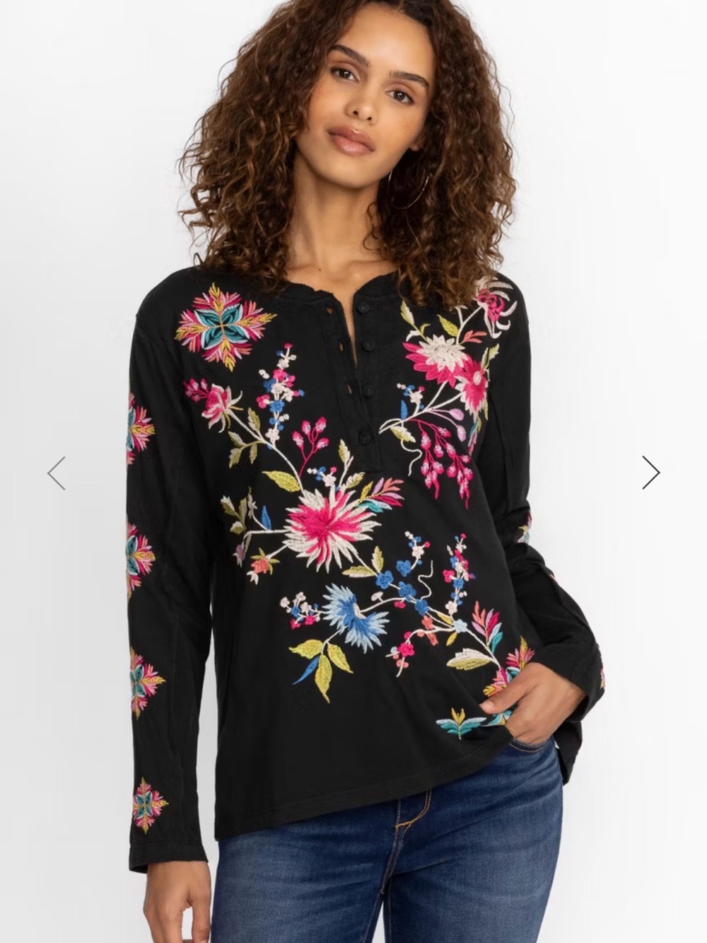 Johnny Was “Julie” Raw Seam Henley Black Long-Sleeve Embroidered Floral Size 1x